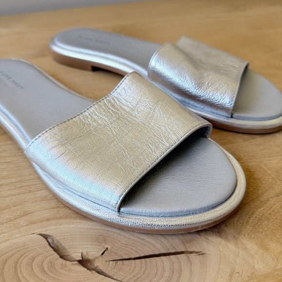 2 PR PURE NAVY LEATHER SLIDE SANDALS ROSE GOLD & SILVER LOW HEEL SUMMER CHIC 8.5 - Picture 5 of 11